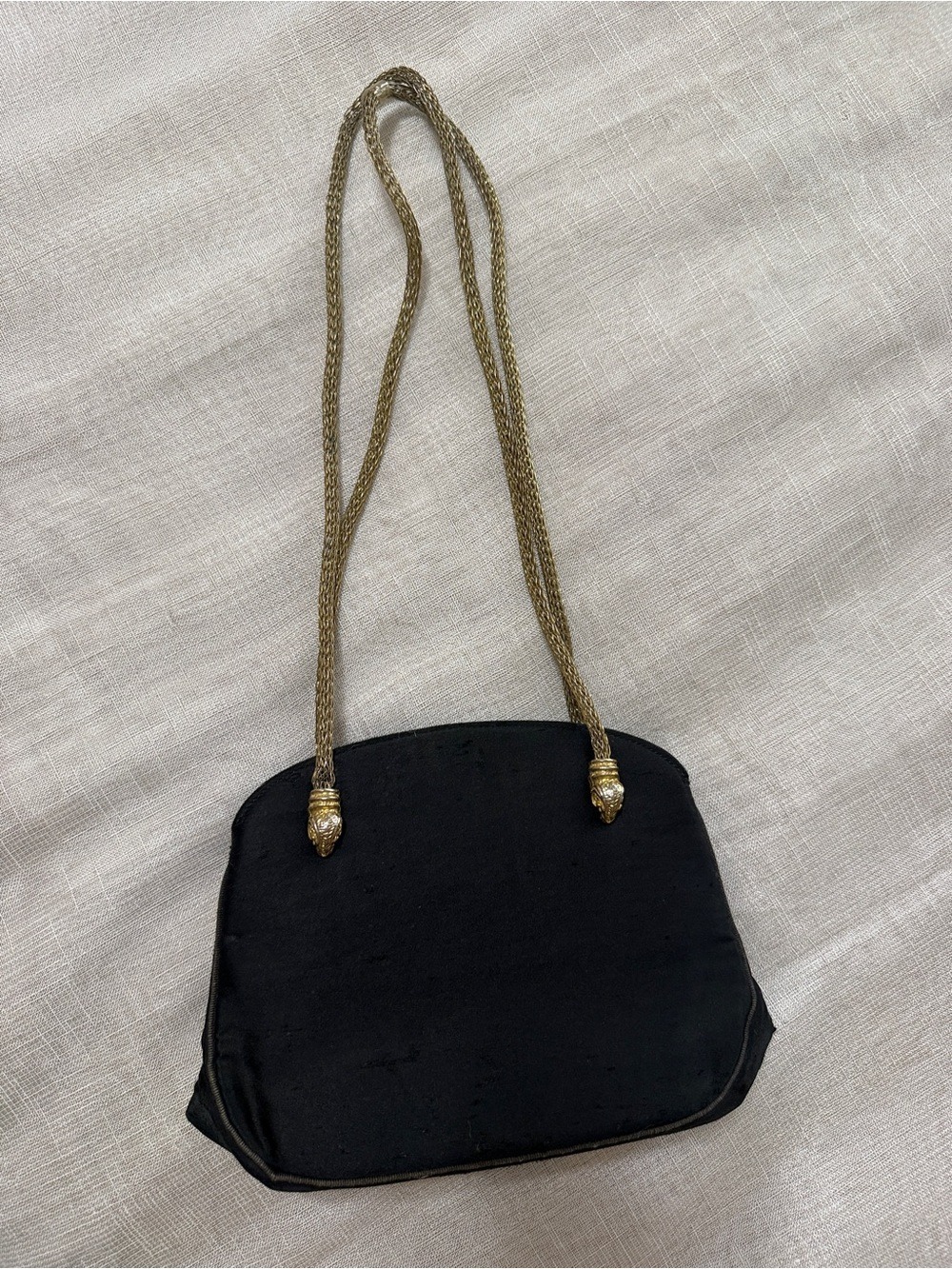 1960s Miss Lewis Ram & Lion Head Black Satin Evening Bag